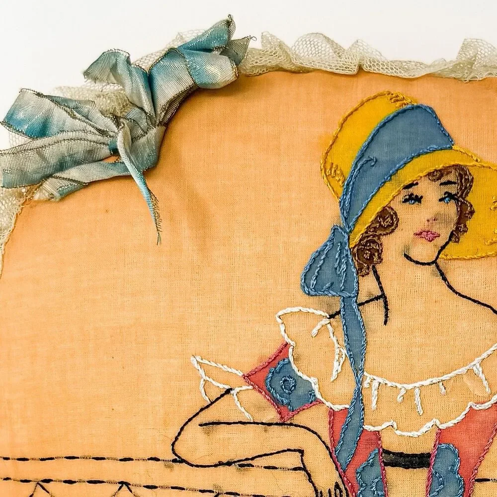 Antique 1920s Embroidered Boudoir Pillows Art Deco Lady Handmade Pair